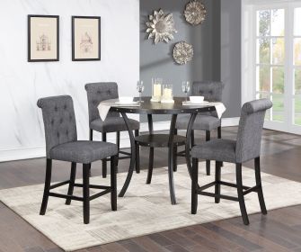 Dining Room Furniture Natural Wood Round Dining Table 4x High Chairs Charcoal Fabric Tufted Roll Back Top Chair Storage Shelve 5pc Counter Height Dini