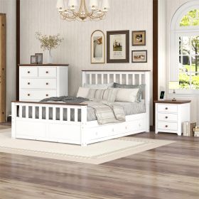 3-Pieces Bedroom Sets Full Size Platform Bed with Nightstand(USB Charging Ports) and Storage Chest,White+Walnut