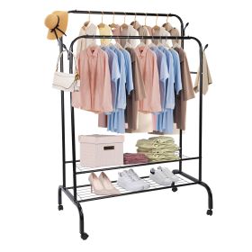 Garment Hanging Rack Clothing Hanging Rail Pillow Shoe Display Organizer Clothes Organizer Stand with 2 Rails 2 Shelves 4 Rolling Wheels 4 Hooks (Option: GarmentRack Black)