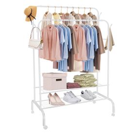 Garment Hanging Rack Clothing Hanging Rail Pillow Shoe Display Organizer Clothes Organizer Stand with 2 Rails 2 Shelves 4 Rolling Wheels 4 Hooks (Option: GarmentRack White)
