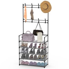 5-Tier Dustproof Entryway Hall Tree Coat Rack Shoe Rack With 8 Removable Hooks Freestanding Shoe Storage Shelf Hat Clothes Organizer For Front Door Be (Option: ShoeRack 5TierBlack)
