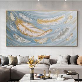 Handmade Oil Painting Abstract Feather Oil Painting on Canvas Large Original Gold White Boho Minimalist Painting Custom Painting Living Room Wall Art (style: 01, size: 40x80cm)