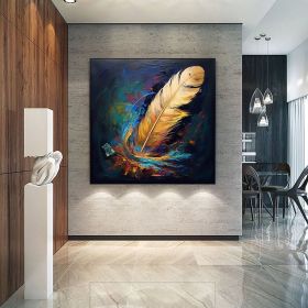 Handmade Oil Painting Original Abstract Feather Oil Painting on Canvas Large Wall Art Golden Texture Painting Minimalist Art Custom Living Room Decor (style: 01, size: 70x70cm)