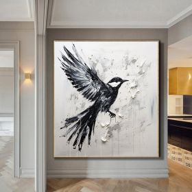 Hand Painted Oil Painting Abstract Bird oil Painting in Black And White Palette Knife Black White Wall Art Large Black And White Painting textured abs (style: 01, size: 70x70cm)
