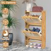 2-Tier Shoe Cabinet with 2 Flip Drawers Slim Bamboo Shoe Rack Freestanding Narrow Shoe Organizer with 44lbs Max Load for Entryway Hallway